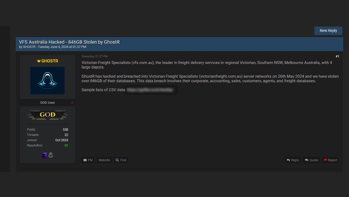 Victorian Freight Specialists suffers alleged 800+GB data breach